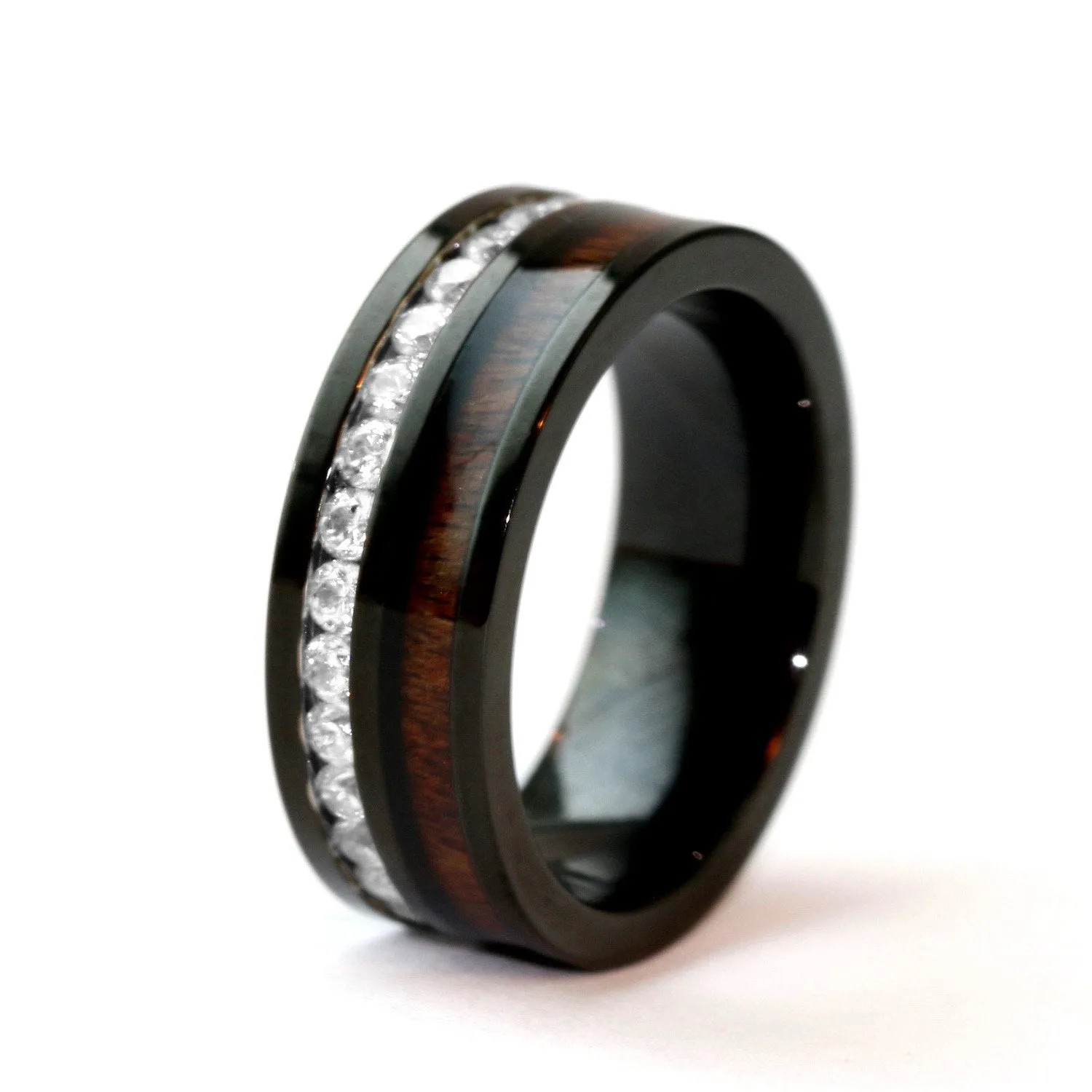 His & Hers Koa Wood Ring Set Black Stainless Steel Wedding Rings