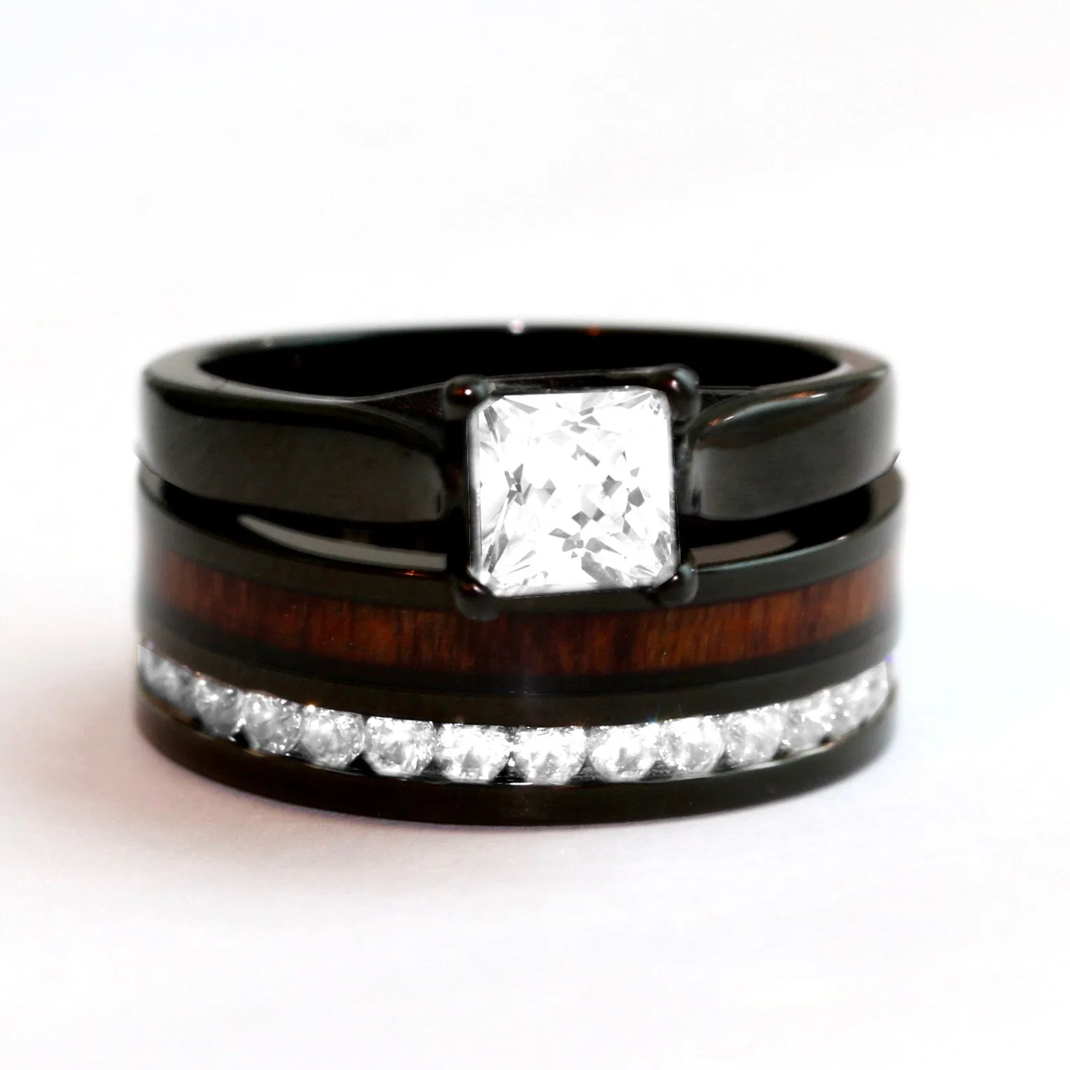 His & Hers Koa Wood Ring Set Black Stainless Steel Wedding Rings