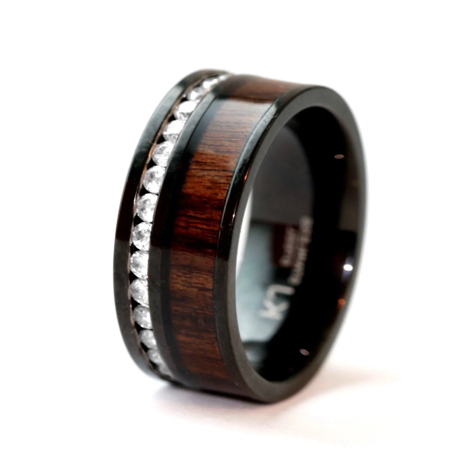 His & Hers Koa Wood Ring Set Black Stainless Steel Wedding Rings