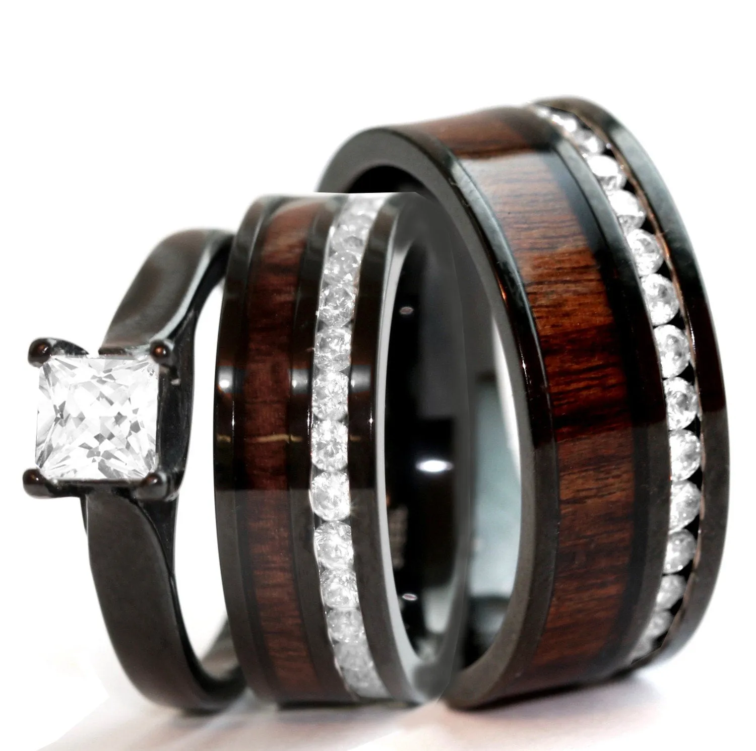 His & Hers Koa Wood Ring Set Black Stainless Steel Wedding Rings