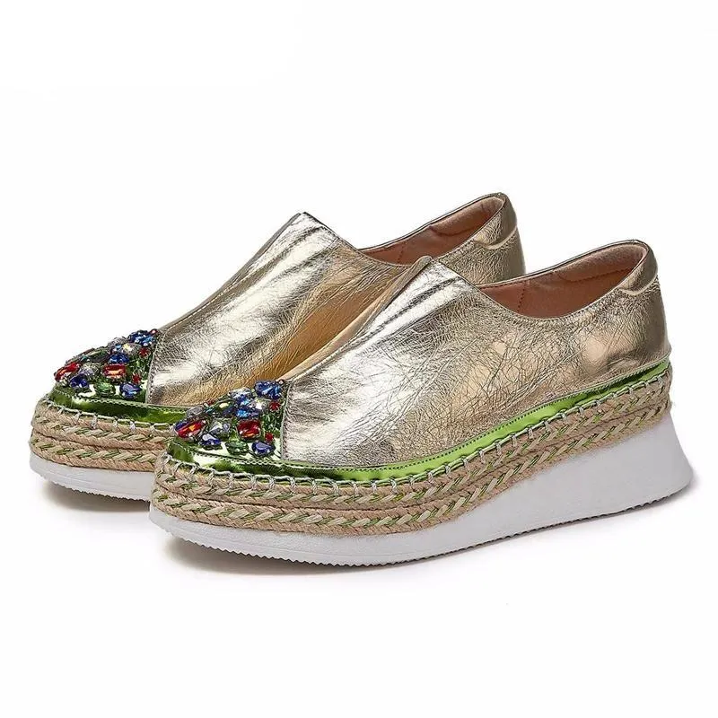 hot bling crystal genuine leather round toe high heels thick bottom slip on loafers women cozy vulcanized shoes
