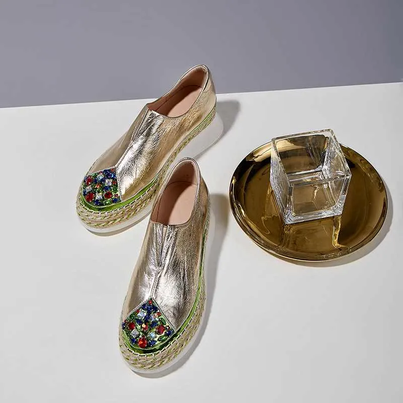 hot bling crystal genuine leather round toe high heels thick bottom slip on loafers women cozy vulcanized shoes