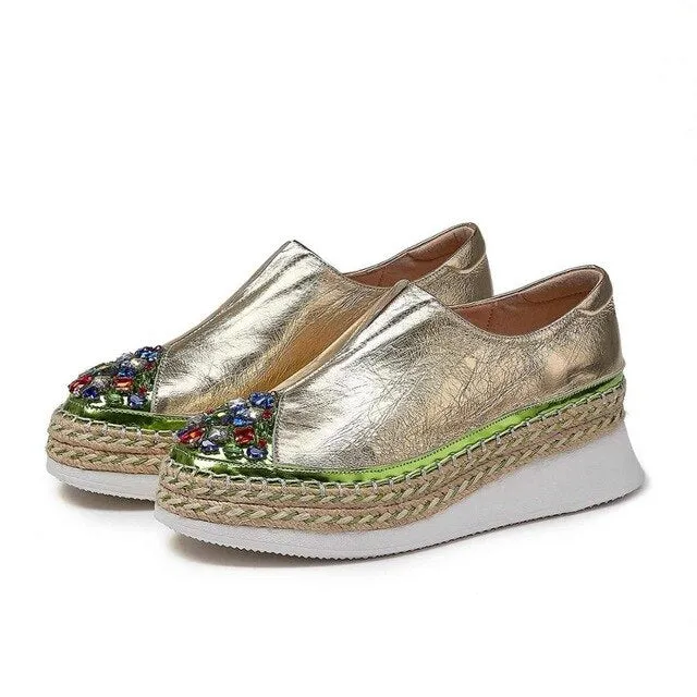 hot bling crystal genuine leather round toe high heels thick bottom slip on loafers women cozy vulcanized shoes
