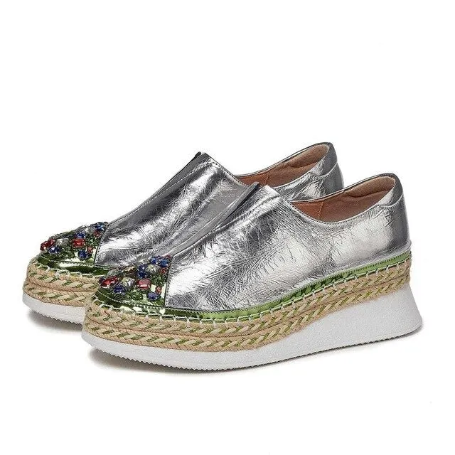 hot bling crystal genuine leather round toe high heels thick bottom slip on loafers women cozy vulcanized shoes