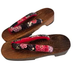 Japanese Women's Wooden Geta Sandals, Size M, Traditional with Floral Straps, Red, Black