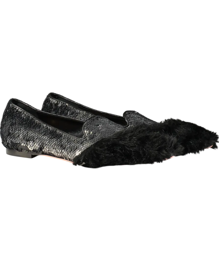 JF London Black Sequin Fur Flat Pumps UK 6 EU 39 👠