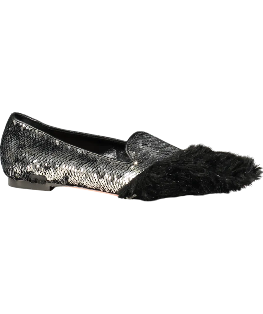 JF London Black Sequin Fur Flat Pumps UK 6 EU 39 👠