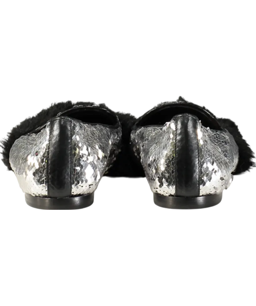 JF London Black Sequin Fur Flat Pumps UK 6 EU 39 👠