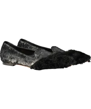 JF London Black Sequin Fur Flat Pumps UK 6 EU 39 👠