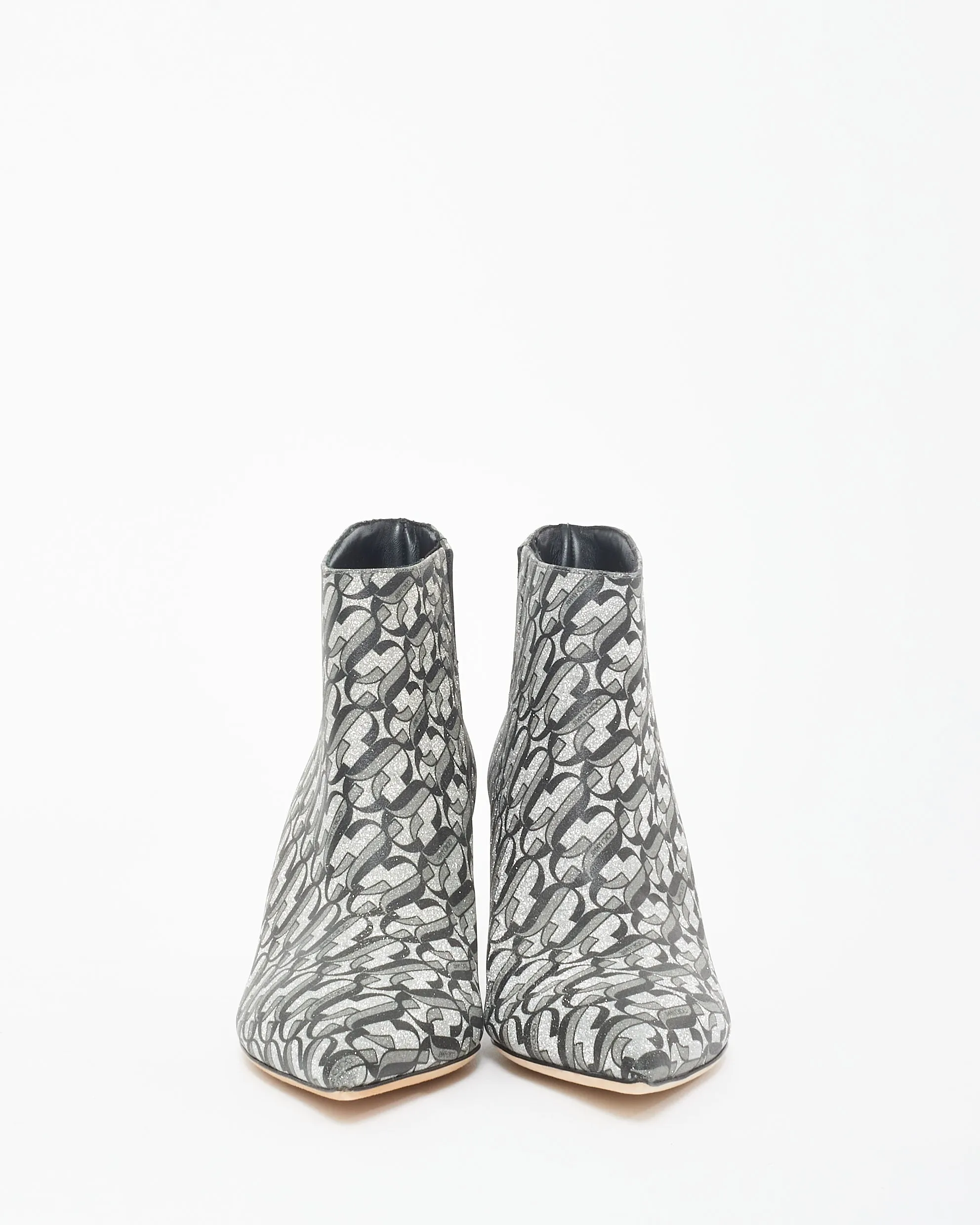 Jimmy Choo Silver Sparkle Logo Heeled Booties - 36
