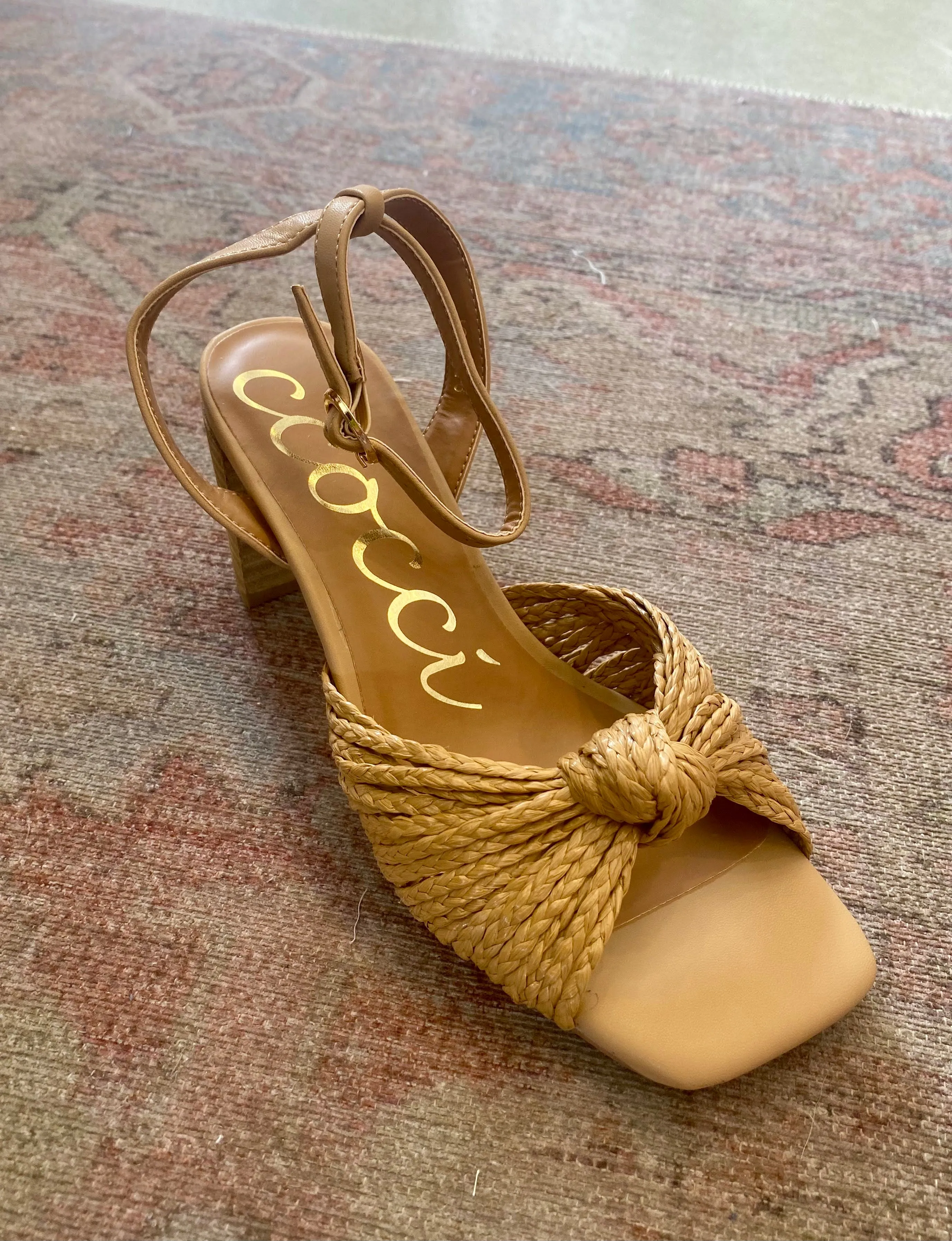 JOYCE RAFFIA KNOTTED STRAP SANDAL HEEL