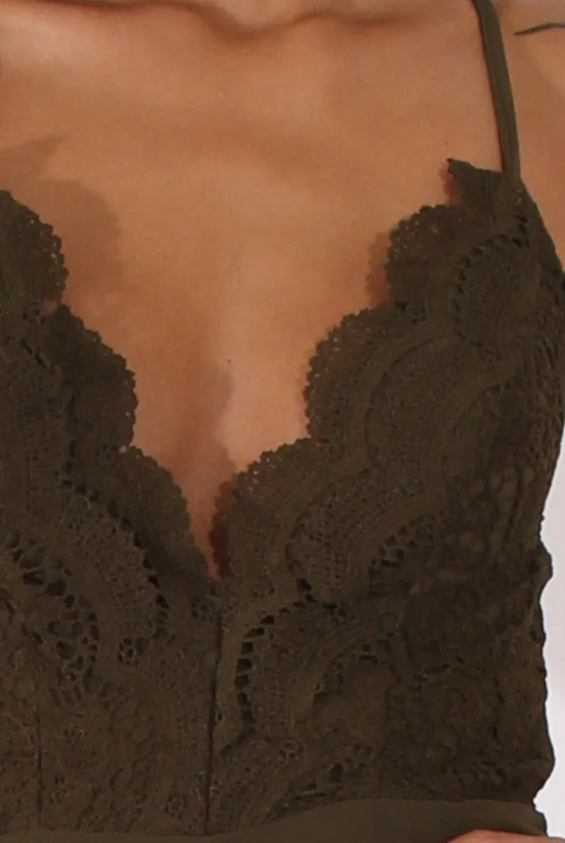 Khaki Crochet Cross Back Playsuit - Quinn