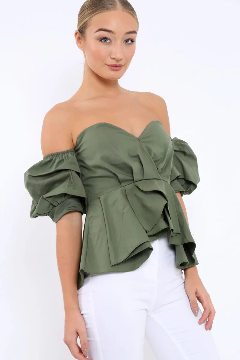Khaki Sweet Heart Bardot Top with Ruched Sleeves - Kinza