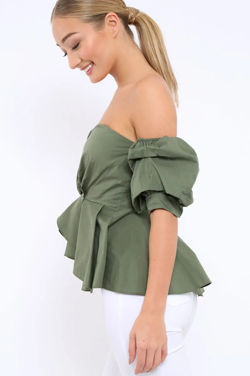Khaki Sweet Heart Bardot Top with Ruched Sleeves - Kinza