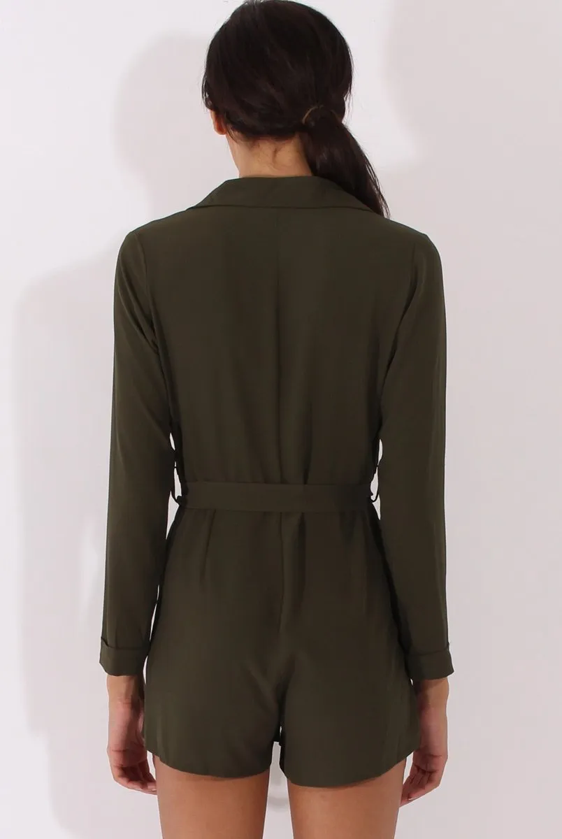 Khaki Utility Belted Playsuit - Charlee