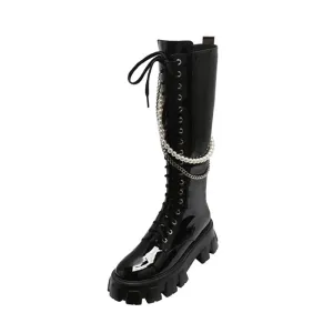Knee High Boots For Women Punk Metal Decoration Round Toe Flats