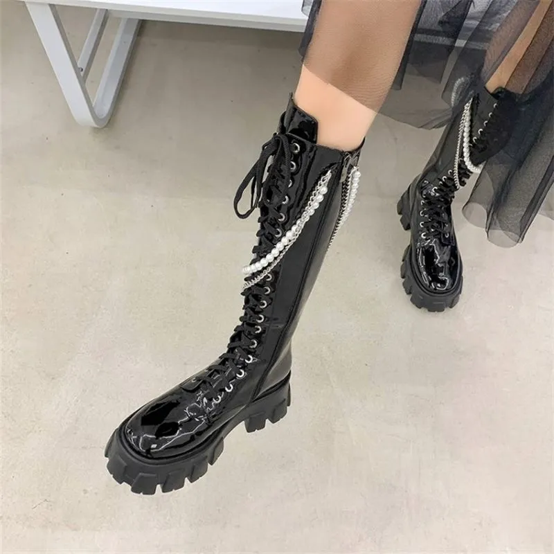 Knee High Boots For Women Punk Metal Decoration Round Toe Flats