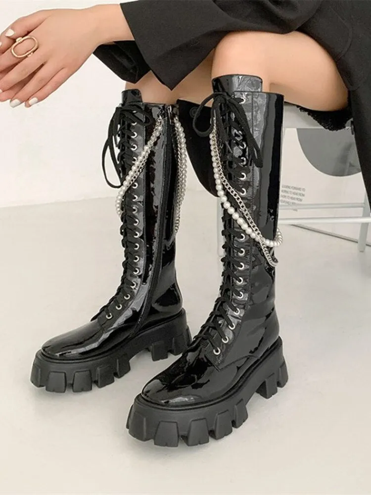 Knee High Boots For Women Punk Metal Decoration Round Toe Flats