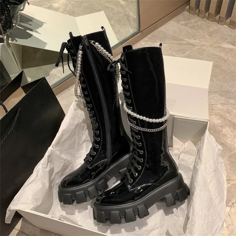 Knee High Boots For Women Punk Metal Decoration Round Toe Flats