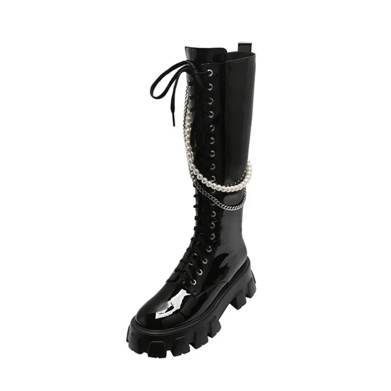 Knee High Boots For Women Punk Metal Decoration Round Toe Flats