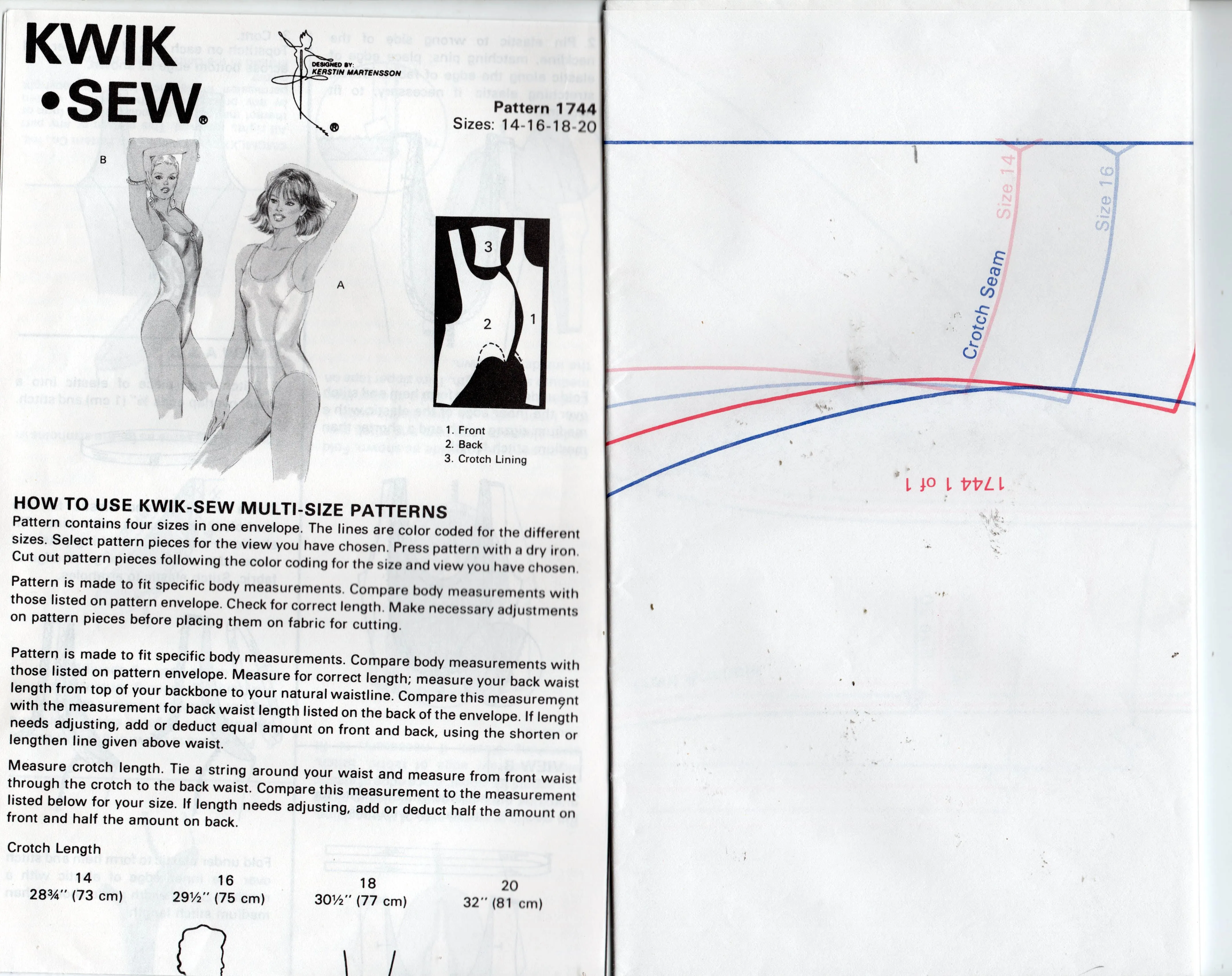 Kwik Sew 1744 Womens High Cut Leg Racing Swimsuits 1980s Vintage Sewing Pattern Bust 38 - 43 inches UNCUT Factory Folded