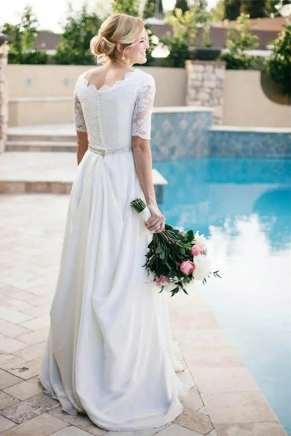Lace A-Line Beading Ivory Half Sleeve Wedding Dress WD145