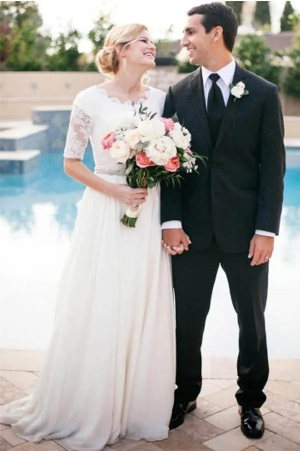 Lace A-Line Beading Ivory Half Sleeve Wedding Dress WD145