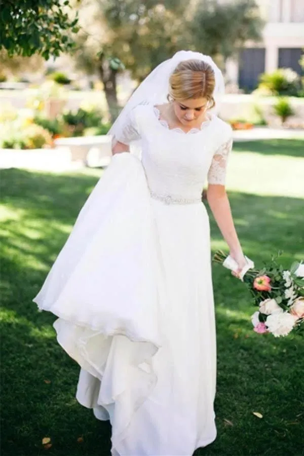 Lace A-Line Beading Ivory Half Sleeve Wedding Dress WD145