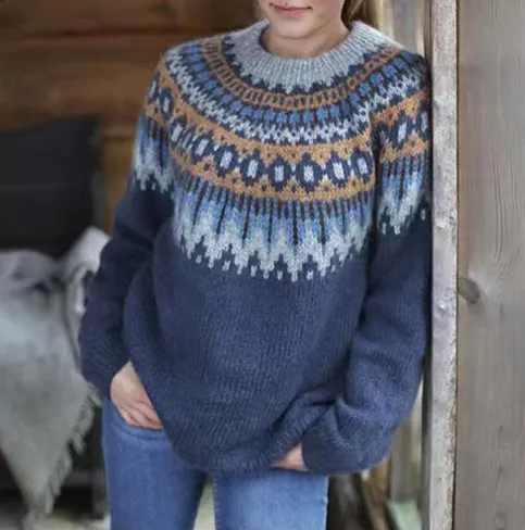 Langarm-Pullover mit Retro-Muster Für Frauen