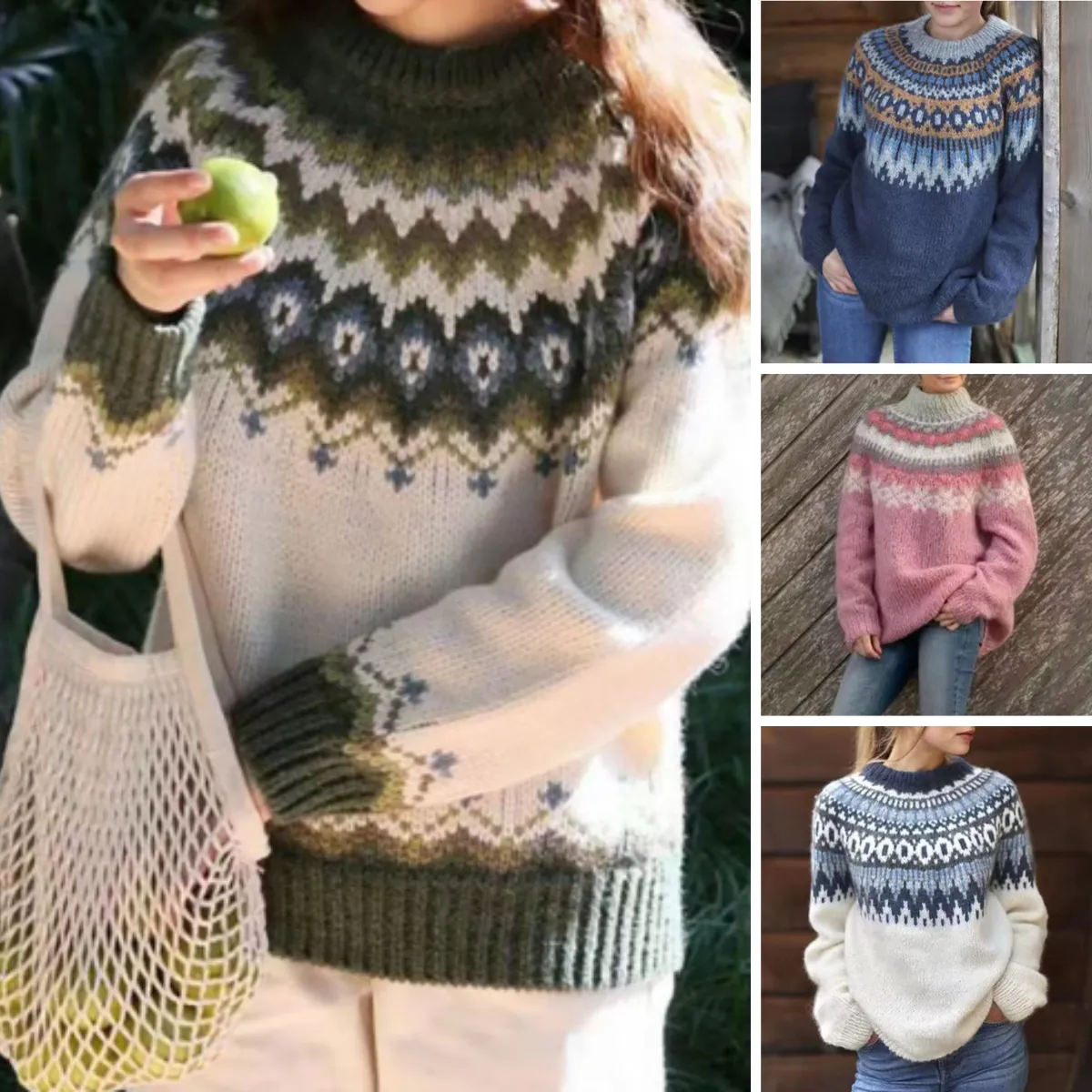 Langarm-Pullover mit Retro-Muster Für Frauen
