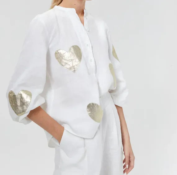 Lanhtropy Cupid Linen Shirt - Off-White w/ Gold Hearts