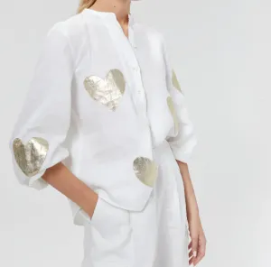 Lanhtropy Cupid Linen Shirt - Off-White w/ Gold Hearts