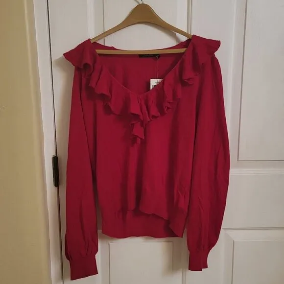 Lauren Ralph Lauren Women's Ruffle-Trim Jersey Red Sweater Size: Large  NWT