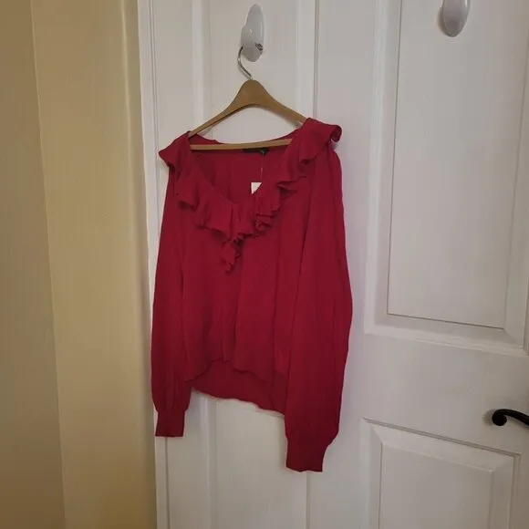 Lauren Ralph Lauren Women's Ruffle-Trim Jersey Red Sweater Size: Large  NWT