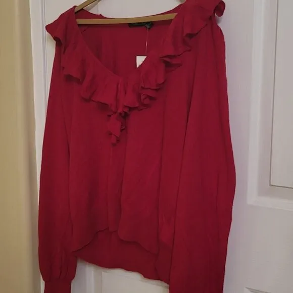 Lauren Ralph Lauren Women's Ruffle-Trim Jersey Red Sweater Size: Large  NWT