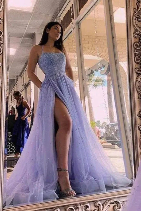Lavender Tulle Beaded Long Prom Dresses Party Dresses With Split TP1224