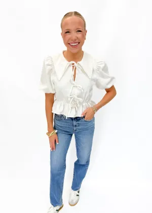 LBLOX Denim Puffed Sleeve Collared Blouse - White