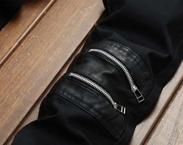 Leather Stitching Zipper Men's Jeans Mid Waist Jeans Straight Pants