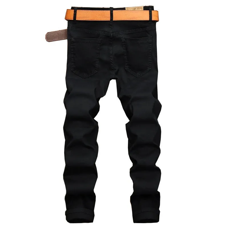 Leather Stitching Zipper Men's Jeans Mid Waist Jeans Straight Pants