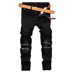 Leather Stitching Zipper Men's Jeans Mid Waist Jeans Straight Pants
