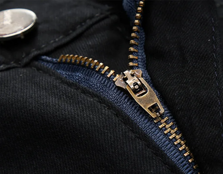 Leather Stitching Zipper Men's Jeans Mid Waist Jeans Straight Pants