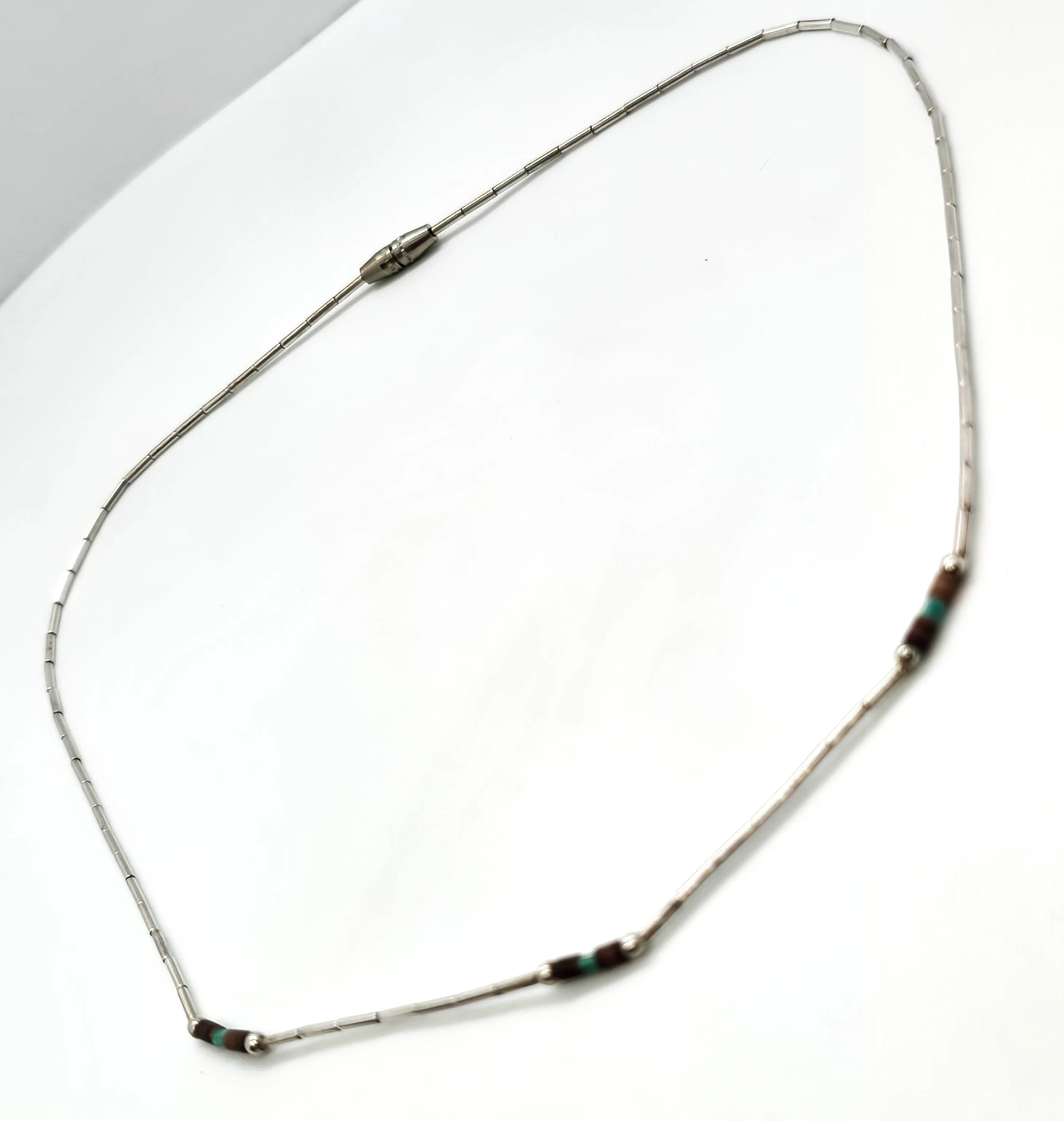 Liquid silver plated heishi beaded vintage block turquoise and shell Native retro necklace
