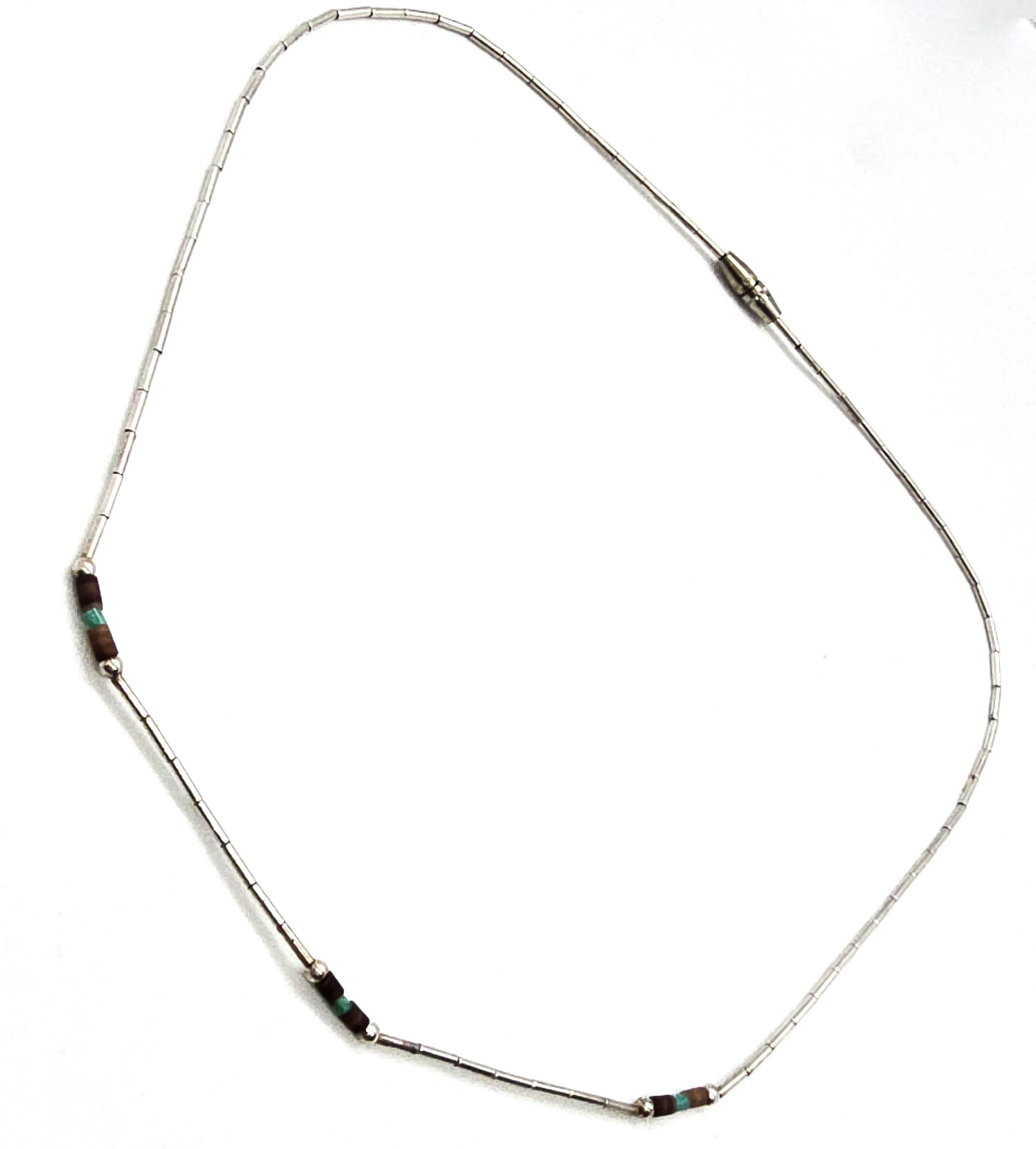 Liquid silver plated heishi beaded vintage block turquoise and shell Native retro necklace