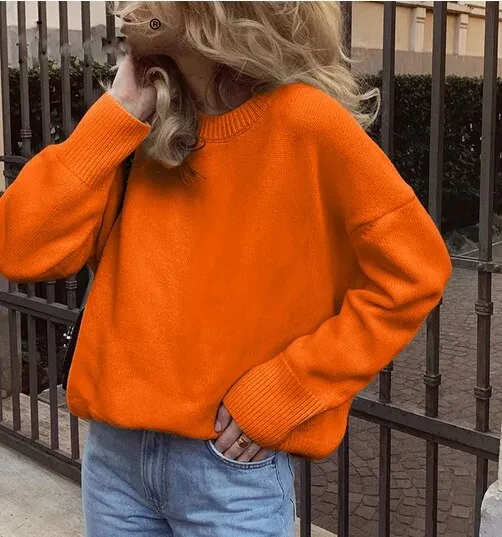 Loose Knitted Sweater For Women Elegant O-Neck Long Sleeve Knitted Pullover Top Warm Thick Jumpers