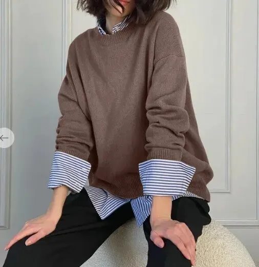 Loose Knitted Sweater For Women Elegant O-Neck Long Sleeve Knitted Pullover Top Warm Thick Jumpers