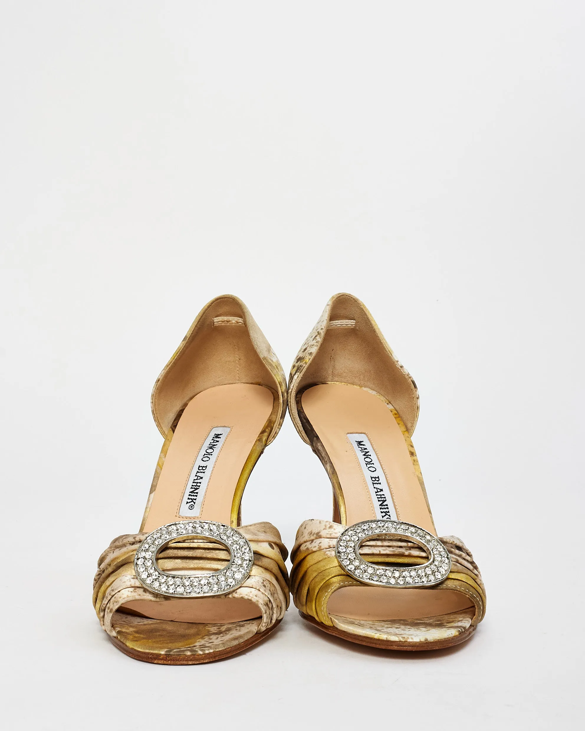 Manolo Blahnik Printed Yellow/Brown/White Satin Sedaraby D'Orsay Pumps