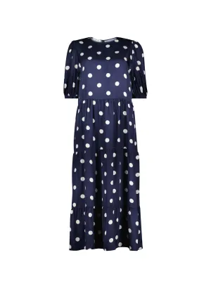 Manon Satin Dress | Navy Big Polka