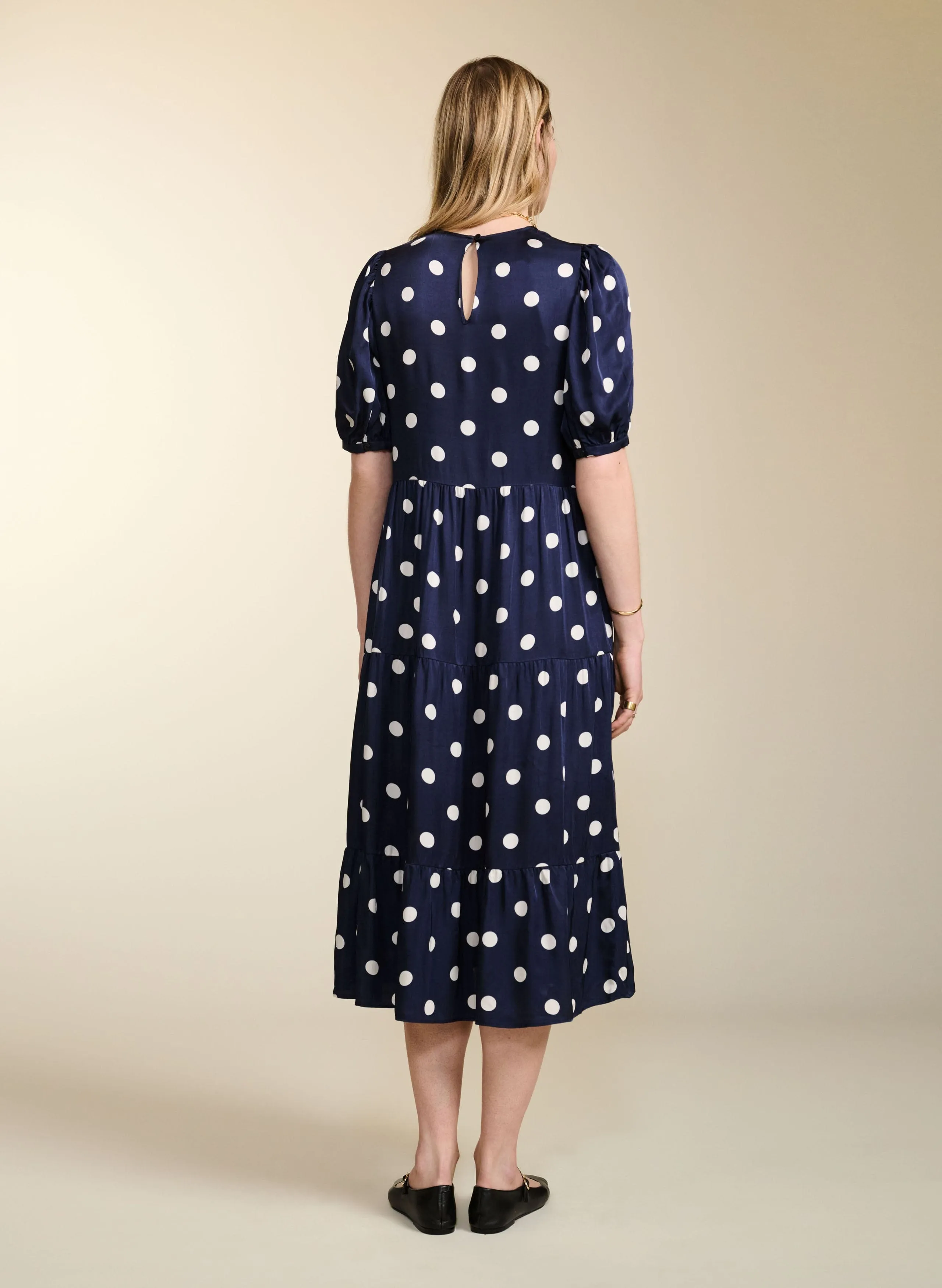 Manon Satin Dress | Navy Big Polka