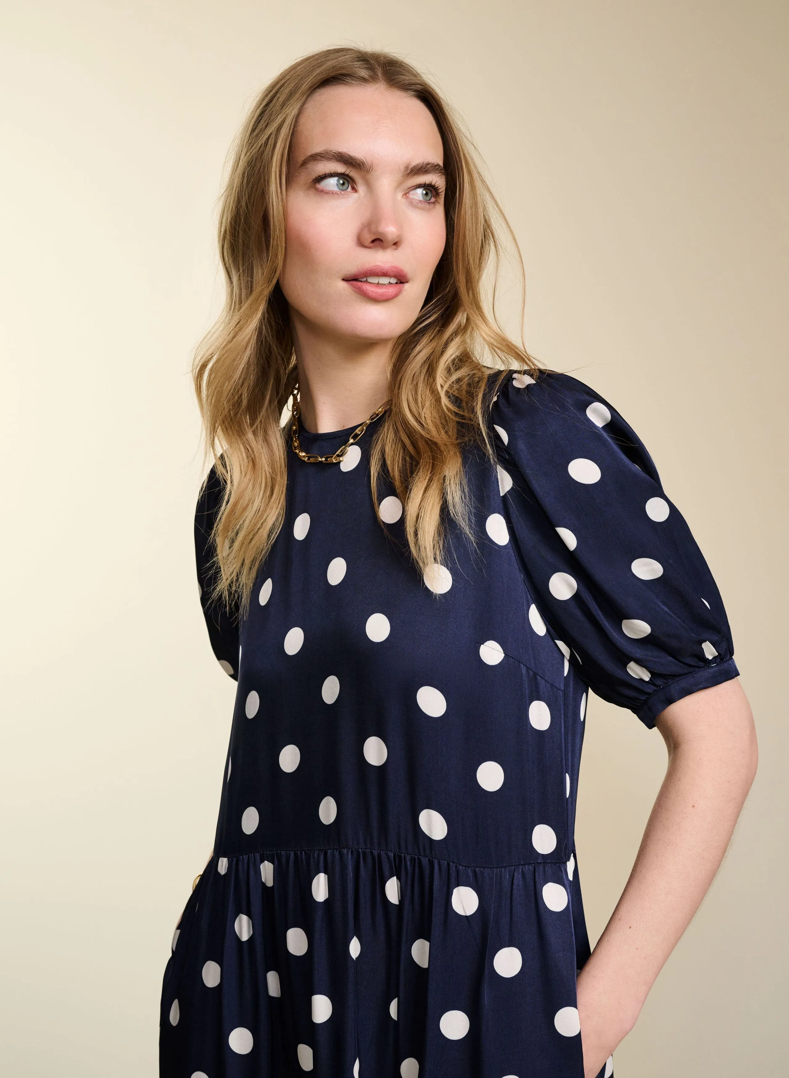 Manon Satin Dress | Navy Big Polka
