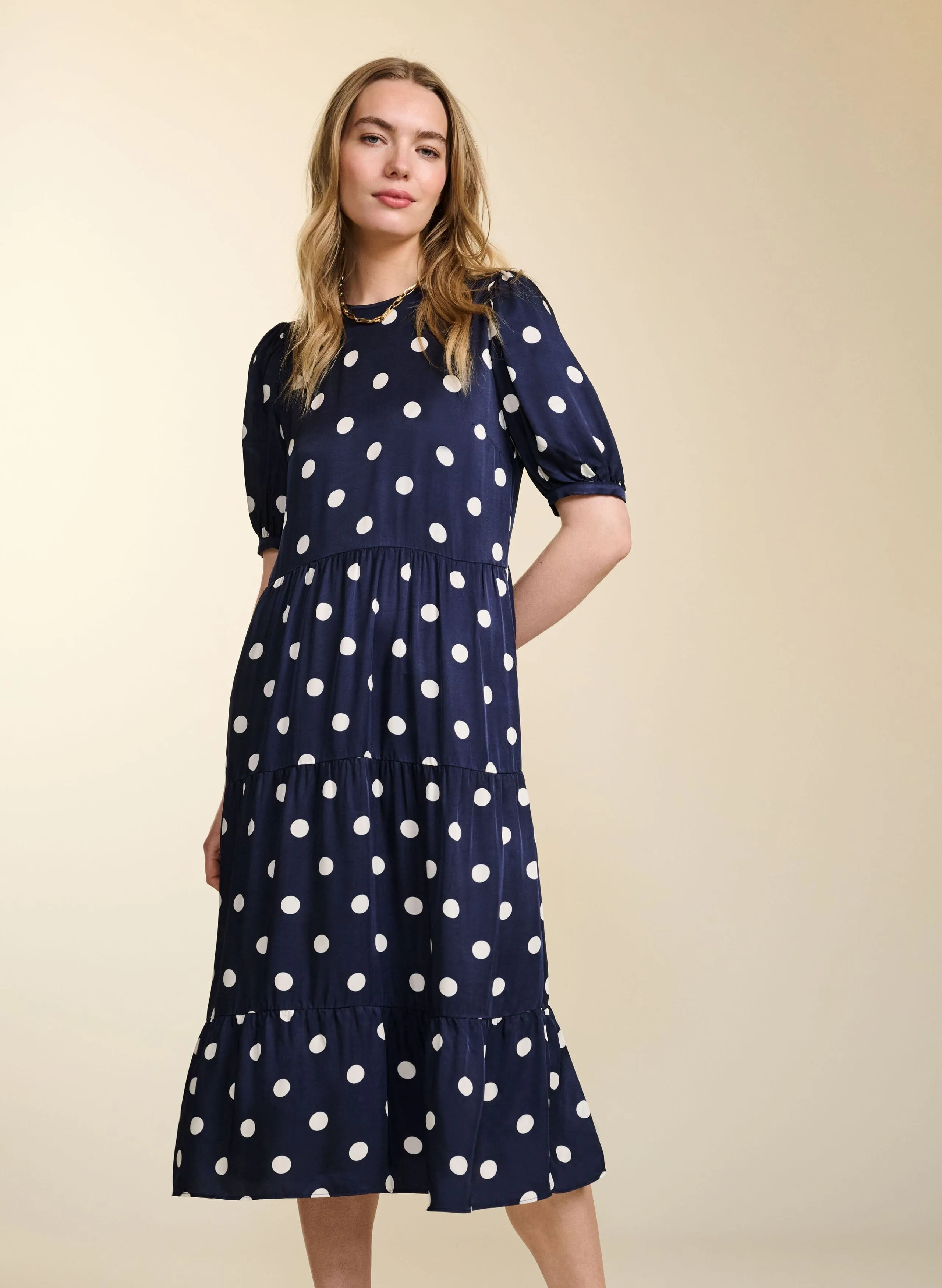 Manon Satin Dress | Navy Big Polka